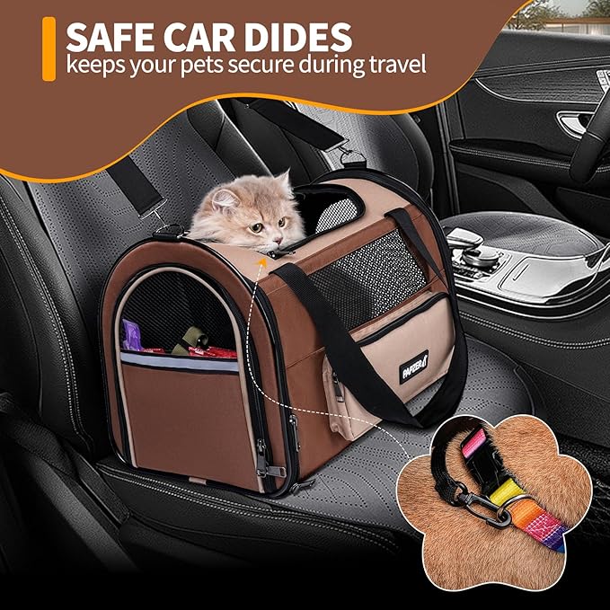 Collapsible Small Pet Carrier for Cat 15 lbs with Fashion Pocket, Lightweight Sturdy Travel Carry Bag Little Puppy Dog, Breathable Stylish Kitten Soft Cage Kennel, 17.7x11.0x11.8 Inch Khaki