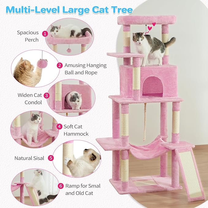 ABCPET Cat Tree Tower 63in Multi-Level Cat Tower for Indoor Cats with Sisal Scratching Posts, Condo, Hammock, Dangling Ball and Extended Platform for Cats to Play, Pink