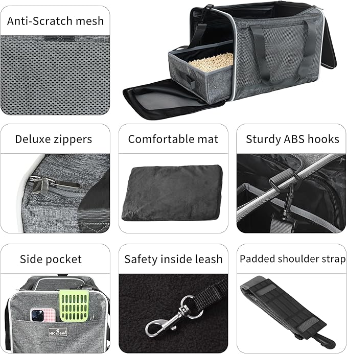 HiCaptain Cat Travel Carrier Bag with Litter Box, Portable Soft Cat Carrier Bag Lightweight Leak-Proof Collapsible Litter Box for Cats, Fits for Kitten up to 15 lb to Travel, Camping, Hiking, or Hotel