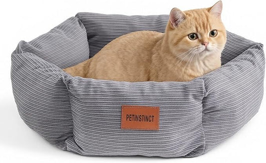 Petinstinct Cat Bed, 22 Inch Washable Corduroy Cat and Small Dog Bed with Removable Cover & Anti-Slip Bottom, Calming Comfort Pet Bed for Pets up to 15 lbs (Gray)