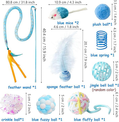 MALLMALL6 11Pc Cat Toy Set - Interactive Pack with Foldable Tunnel, Feather Teaser Wand, Springs, Mice, Crinkle Balls & Pet Bell Balls - Puzzle Toys for Indoor Cats - Gift (Blue)