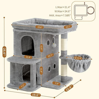 Heybly Cat Tree, 25.6-inch Cat Tower with Spacious Top Perch for Large Cats, Stair-Style Cat House Furniture with Dual-Layer Condos, Sisal Scratching Posts, Cozy Basket & Pompom, Light Gray HCT204SW