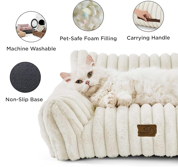 Bedsure Cute Cat Couch for Pets - Fluffy Dog Bed Small Medium Size Dog with Premium Soft Corduroy Fleece, Pet Sofa with Removable Washable Cover, Supportive Couch Bed for Small Dogs, 30inch, Cream