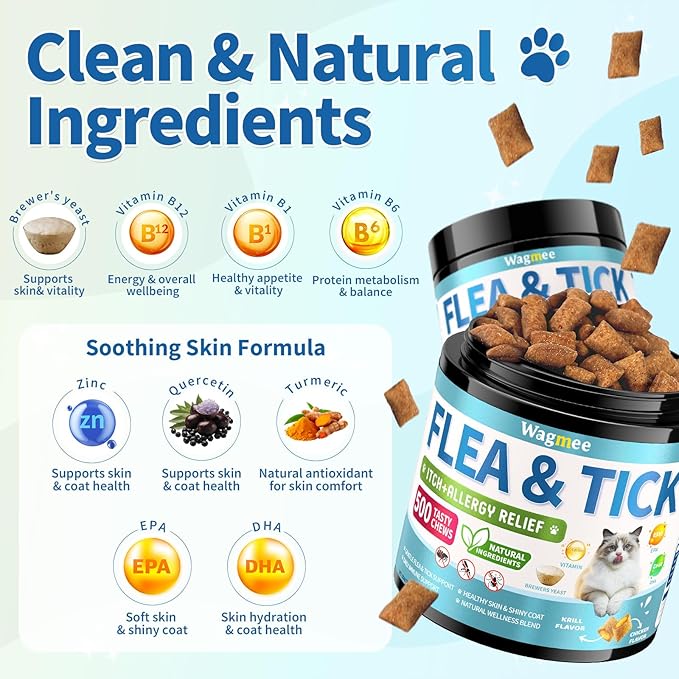 Natural Cat Flea Treatment Chewables – 500 Crunchy & Creamy Tasty Chews, Flea and Tick Prevention for Cats with Skin & Coat Support, Oral Flea & Tick Supplement & Allergy Relief for Cats, Chicken