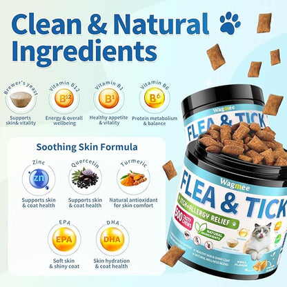 Natural Cat Flea Treatment Chewables – 500 Crunchy & Creamy Tasty Chews, Flea and Tick Prevention for Cats with Skin & Coat Support, Oral Flea & Tick Supplement & Allergy Relief for Cats, Chicken