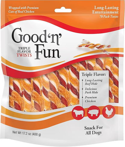 Good 'N' Fun Triple Flavor Twist Rawhide Treats For Dogs, 70 count