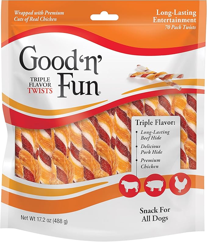 Good 'N' Fun Triple Flavor Twist Rawhide Treats For Dogs, 70 count