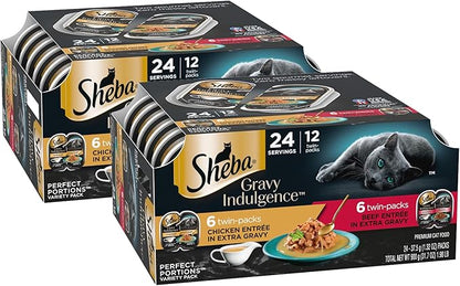 Sheba Gravy Indulgence Adult Wet Cat Food Beef and Chicken Entree in Extra Gravy Variety Pack, 2.6 oz. Twin-Pack Trays (12 Count, 24 Servings) (Pack of 2)