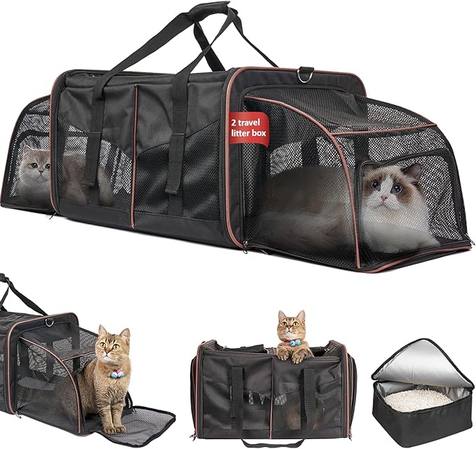 Cat Carrier for 2 Cats - INRLKIT Cat Carrier with Litter Box, Portable Dual Cat Travel Carrier Bag for Traveling, Large Double Cat Travel Carrier for Car, Pet Carrier Bag (Black)