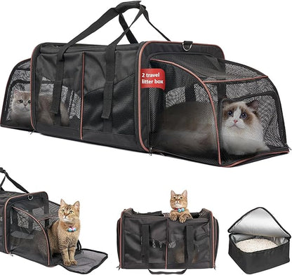 Cat Carrier for 2 Cats - INRLKIT Cat Carrier with Litter Box, Portable Dual Cat Travel Carrier Bag for Traveling, Large Double Cat Travel Carrier for Car, Pet Carrier Bag (Black)