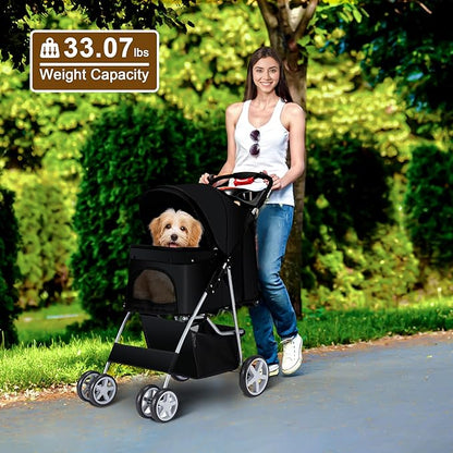 Pet Stroller, 4 Wheels Pet Strolling Cart for Medium/Small Dogs and Cats, Foldable Cat Jogger/Dog Stroller with Cup Holder, Storage Basket, Breathable Mesh, All-Season Pet Carrier, Black