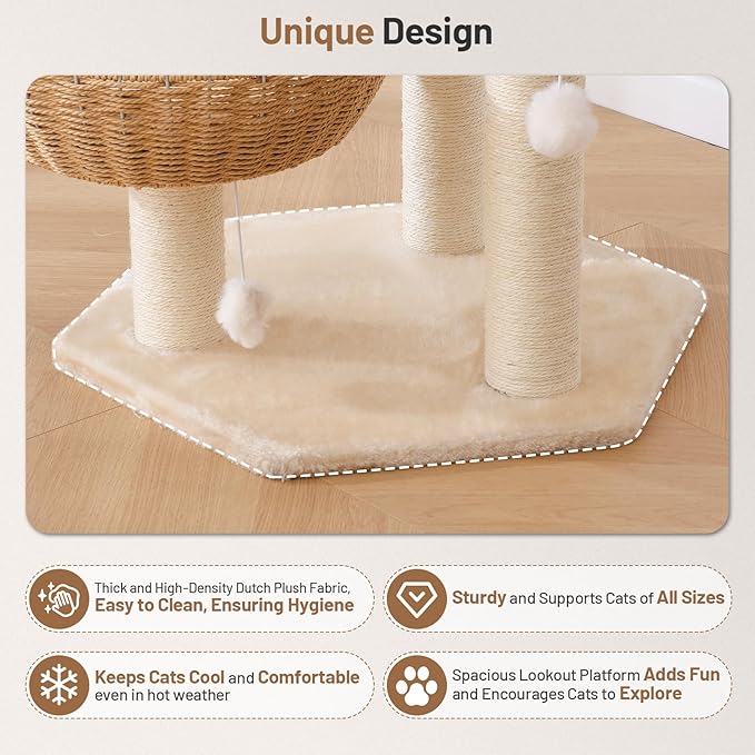 Modern Rattan Cat Tree House Condo Climbing Tower with Scratching Post for Indoor Large Adult Cat