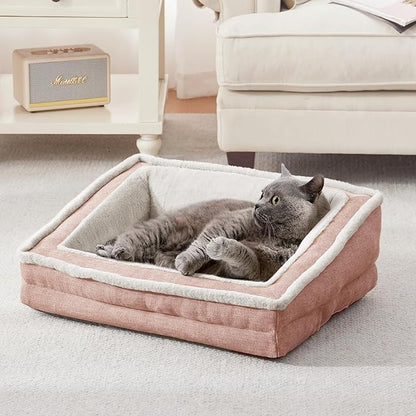 Cat Couch for Pets, Washable Cat Beds for Indoor Cats, Super Soft Plush Supportive Dog Couch Bed for Puppy and Kitten with Anti-Slip Bottom, 24inch, Pink
