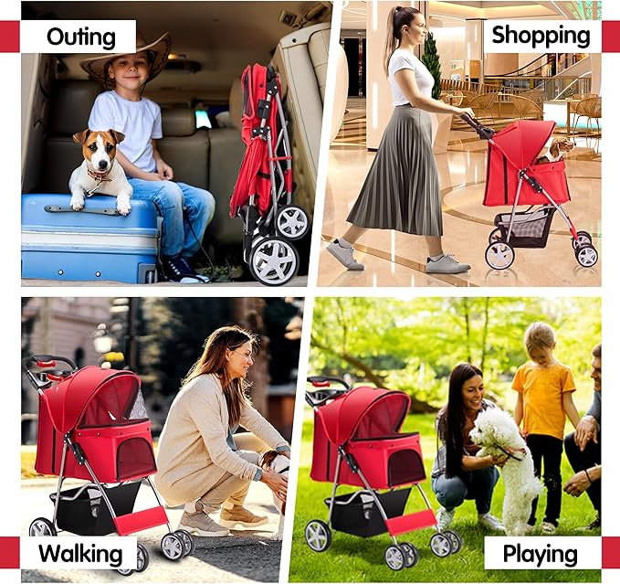 Azaeahom Pet Stroller, 4 Wheels Pet Strolling Cart for Medium/Small Dogs and Cats, Foldable Cat Jogger/Dog Stroller with Cup Holder, Storage Basket, Breathable Mesh, All-Season Pet Carrier, Red
