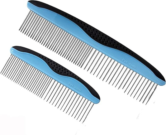 Dog Comb, Grooming Set for Dogs, 2 Sizes Pet Grooming Comb with Stainless Steel Teeth, Comfort Grip Handle, Dog Grooming Supplies, Large Pet Comb and Small Pet Comb
