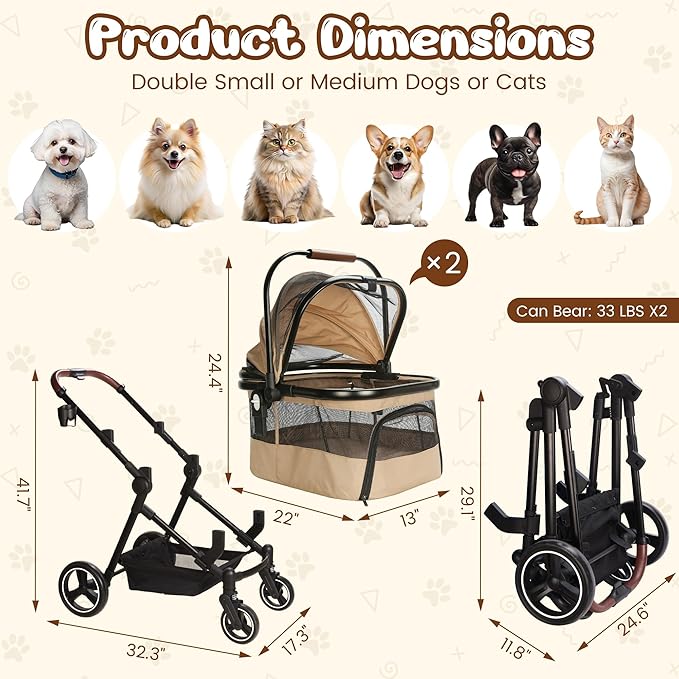 Foldable Double Pet Stroller for 2 Small Medium Cats Dogs, Lightweight Single and Double Integrated Pet Stroller with Detachable Carriers