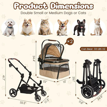 Foldable Double Pet Stroller for 2 Small Medium Cats Dogs, Lightweight Single and Double Integrated Pet Stroller with Detachable Carriers