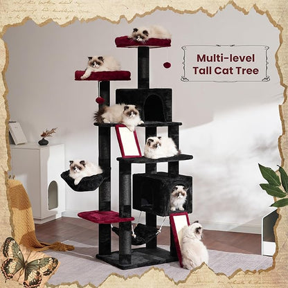 Cat Tree for Indoor Cats, 71'' (180cm) Multi-Level Cat Tower for Large Adult, Gothic Sturdy Cat Tree House with 2 Scratching Boards 7 Posts, 2 Plush Perches/Condos, Hammock, Black GCT032BR