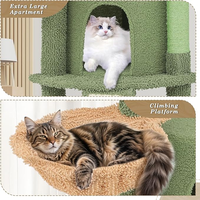 Athena Collection Small Cat Tree Tower with Scratching Post, 42 Inch Modern Cute Cat Tree Condo with Cozy Perch Basket Hanging Ball Climbing Ramp for Kittens Indoor Climbing, Light Green