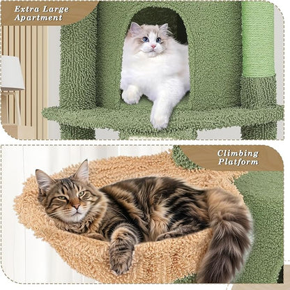 Athena Collection Small Cat Tree Tower with Scratching Post, 42 Inch Modern Cute Cat Tree Condo with Cozy Perch Basket Hanging Ball Climbing Ramp for Kittens Indoor Climbing, Light Green