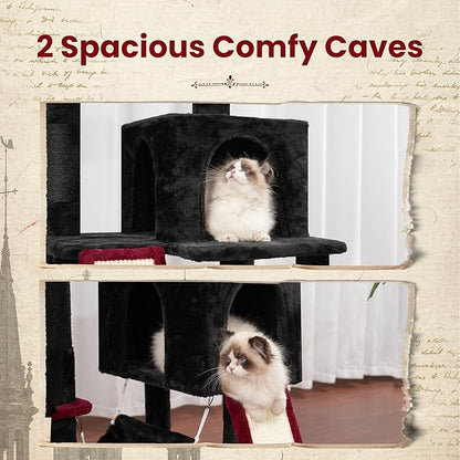 Cat Tree for Indoor Cats, 71'' (180cm) Multi-Level Cat Tower for Large Adult, Gothic Sturdy Cat Tree House with 2 Scratching Boards 7 Posts, 2 Plush Perches/Condos, Hammock, Black GCT032BR