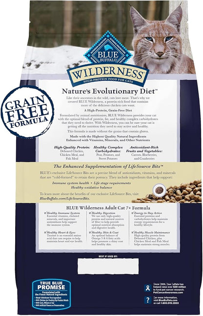 Blue Buffalo Wilderness Natural Mature Dry Cat Food for Cats 7+ Years, High-Protein and Grain-Free Diet, Supports Immune System Health and Energy to Stay Active, Chicken, 5-lb. Bag