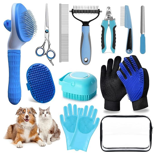 Dog Brush for Shedding 13pcs Bath Grooming Kit with Pet Nail Clipper and File - Dog Bath Brush Cat Grooming Supplies, Dematting Comb Bath Brush Shampoo Scrubber for Dogs and Cats