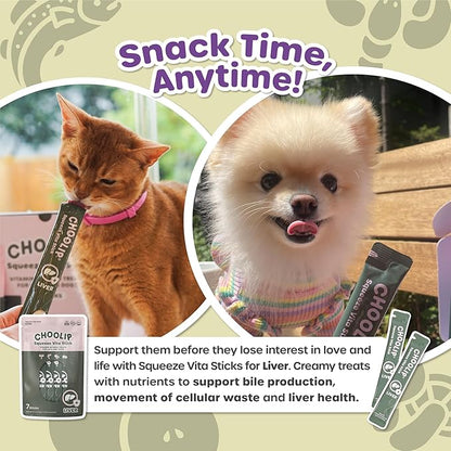 Choolip Squeeze Vita Stick Lickable Cat Treats & Dog Puree – 7-Count Liver Support Tubes, Creamy Grain-Free High-Protein Puree with Milk Thistle, Vitamin E & CoQ10 for Liver Health & Detox Support