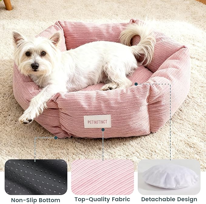 Petinstinct Cat Bed, 22 Inch Washable Corduroy Cat and Small Dog Bed with Removable Cover & Anti-Slip Bottom, Calming Comfort Pet Bed for Pets up to 15 lbs (Gray)