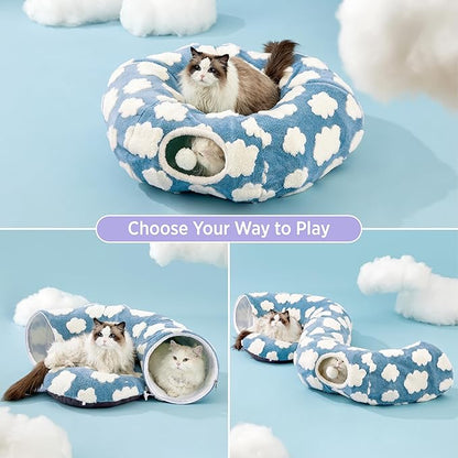 Lesure Cat Tunnel Bed for Indoor Cats - Cute Cat Donut Tunnel Toys for Small Large Cats with Washable Circle Cushion, Round Pet Peekaboo Cave Toy for Kitten/Puppy/Rabbit, Standard Cozy Clouds Blue