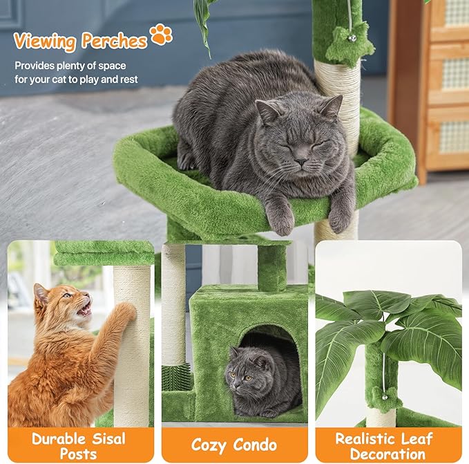 Athena Collection Small Cat Tree Tower with Scratching Post, 32 Inch Modern Cute Cat Tree Condo with Cozy Perch Haing Ball Green Leaves for Kittens Indoor Playing, Green
