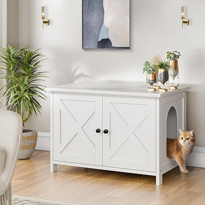 Shintenchi Cat Littler Box Enclosure, Litter Box Furniture Hidden with Removable Divider, Cat House with End Table, White