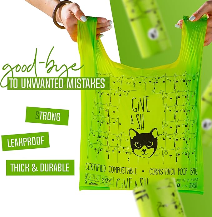 Certified Home Compostable Cat Litter Bags For Poop - 10% to Charity - Cornstarch-Based - For Cleaning Up Litter Trays - NF T51-800 Compliant - 60 Extra Large Disposable Bags
