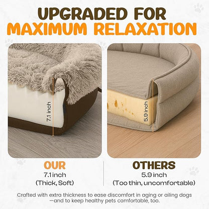 Fluffy Orthopedic Dog Bed for Medium & Large Dogs, Calming Plush Sofa Bed with Curved Bolster Support and Egg-Crate Foam Base, 43" Cozy Oval Pet Donut Bed with Washable Cover, Coffee