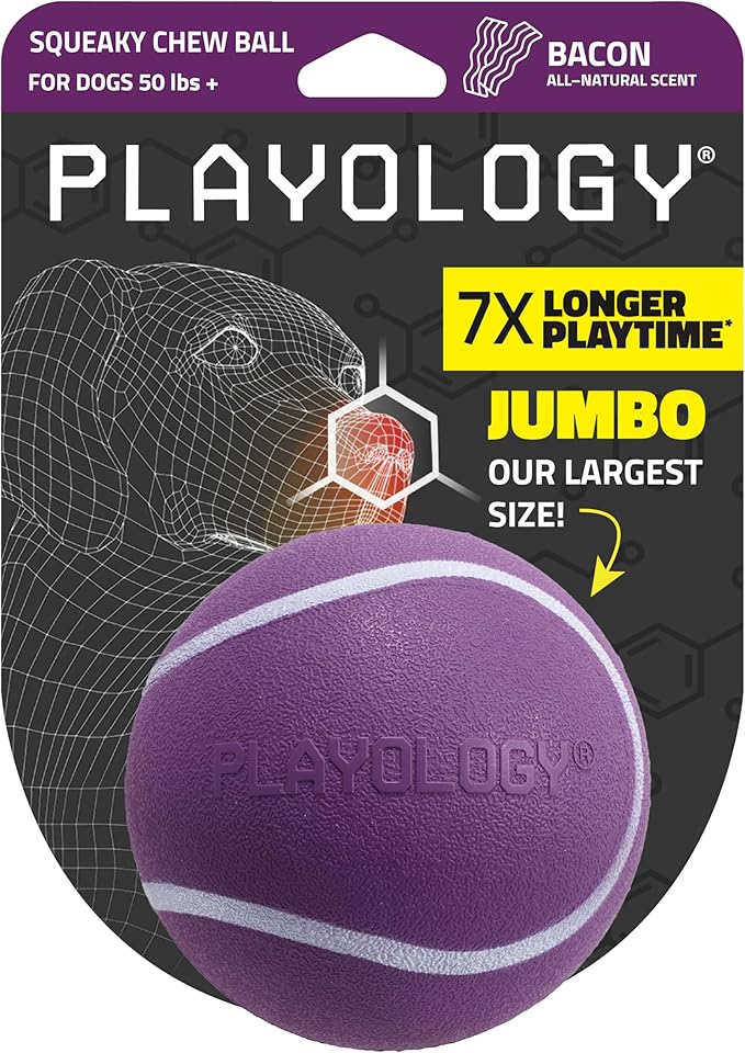 Playology Dog Toys | Squeaky Chew Ball - Bouncy Durable Floating Fetch Ball for Dogs | Jumbo Bacon Scented Toy - Easy to Clean and Made from Non Toxic Materials