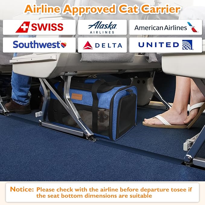 PETUX Airline Approved Cat Carrier or Small Cat up to 12 lb - 17x11x9.5 in Underseat, Top & Side Entry Pet Carrier with Breathable Anti-Scratch Mesh & Litter Box for Travel and Vet Visit - Blue