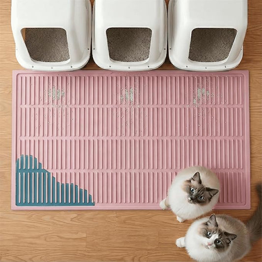 PetNova Extra Large Litter Mat: XL 39"x29" Silicone Waterproof Groove Design Litter Trapping Mat Easy to Clean for Multiple-Cats - Jumbo Non-Slip Cat Box Rug for Floor (Pink)