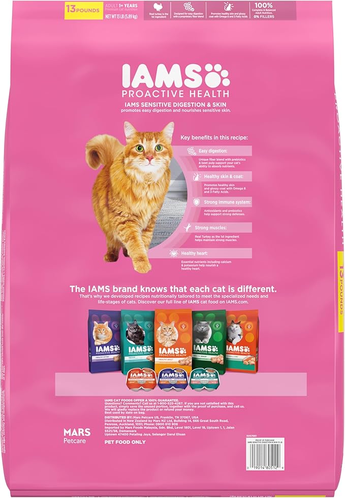 IAMS Proactive Health Adult Sensitive Digestion & Skin Dry Cat Food with Turkey, 13 lb. Bag