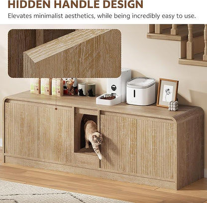 Cat Litter Box Enclosure with Litter Collector, 59'' Double Litter Box Enclosure for 2 Cats, Hidden Litter Box Furniture for Indoor Cats Large Adult, Cat House, Side Table, TV Stand, Natural