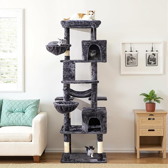Large Cat Tree with Scratching Posts, Bed, Hammocks & Condos – Multi-Level Cat Tower for Playful Cats, 73" Modern Jungle Gym for Multiple Cats, Grey