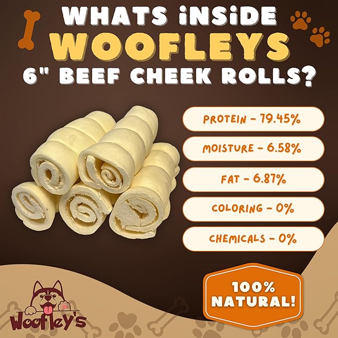 Woofley's 5-6" Buffalo Beef Cheek Roll -(10 Count)- Beef Cheek Rolls for Dogs - Long Lasting Natural Dog Chews