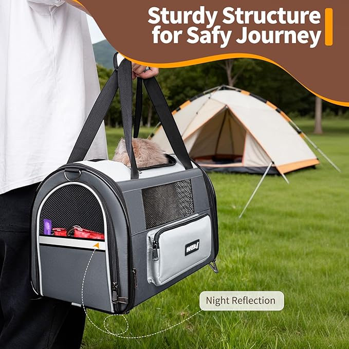 Collapsible Small Pet Carrier for Cat 15 lbs with Fashion Pocket, Lightweight Sturdy Travel Carry Bag Little Puppy Dog, Breathable Stylish Kitten Soft Cage Kennel, 17.7x11.0x11.8 Inch Grey