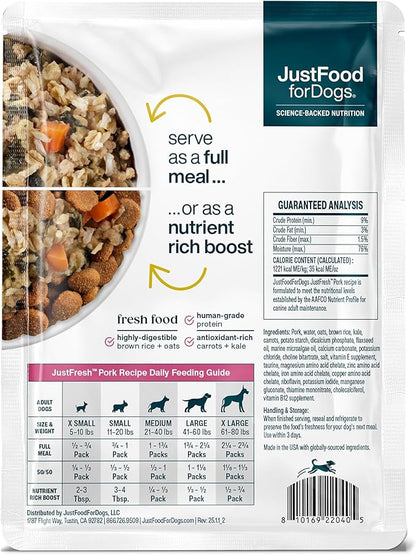 JustFoodForDogs JustFresh Wet Dog Food, Fresh Pet Meals and Toppers with No Preservatives, Resealable Package, Human Grade, Home-Cooked Pork, 12 oz - 7 Pack