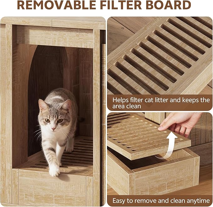 Cat Litter Box Enclosure with Litter Collector, 59'' Double Litter Box Enclosure for 2 Cats, Hidden Litter Box Furniture for Indoor Cats Large Adult, Cat House, Side Table, TV Stand, Natural