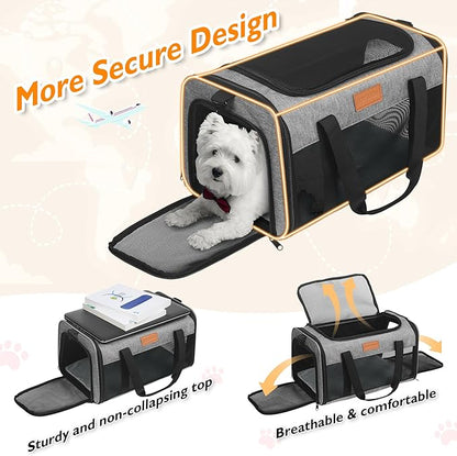 PETUX Airline Approved Cat Carrier or Small Cat up to 12 lb - 17x11x9.5 in Underseat, Top & Side Entry Pet Carrier with Breathable Anti-Scratch Mesh & Litter Box for Travel and Vet Visit - Grey