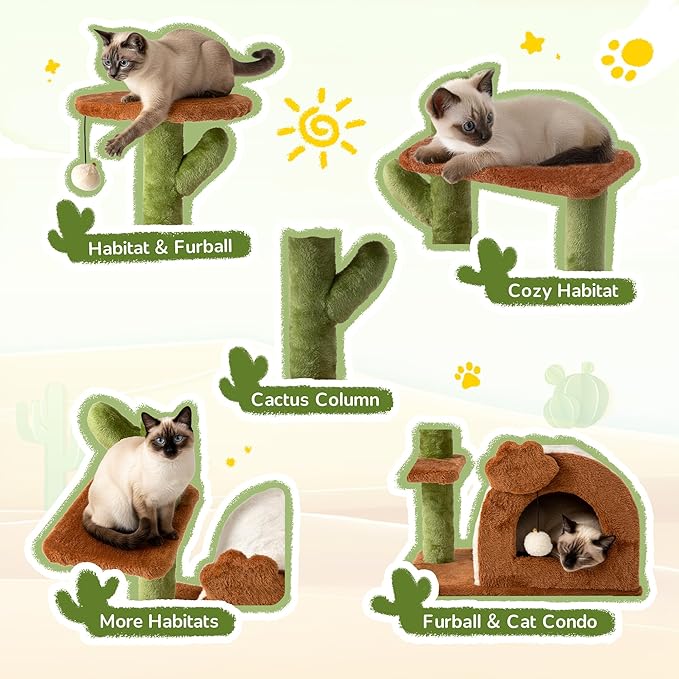 Cactus Cat Tree for Indoor Cats with Cozy Condo Wide Top Perch Multi-Level Climbing and Lounging Space 27.5inch Plush, Brown