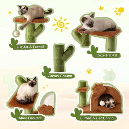 Cactus Cat Tree for Indoor Cats with Cozy Condo Wide Top Perch Multi-Level Climbing and Lounging Space 27.5inch Plush, Brown