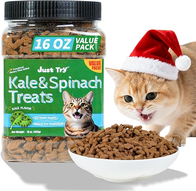 Just Try 16 OZ Kale & Spinach Cat Treats for Indoor Cats, Gluten Free, Low-Calorie Healthy Cat Snacks, Plant-Based Fiber-Rich Natural Chicken Flavor Training Treats