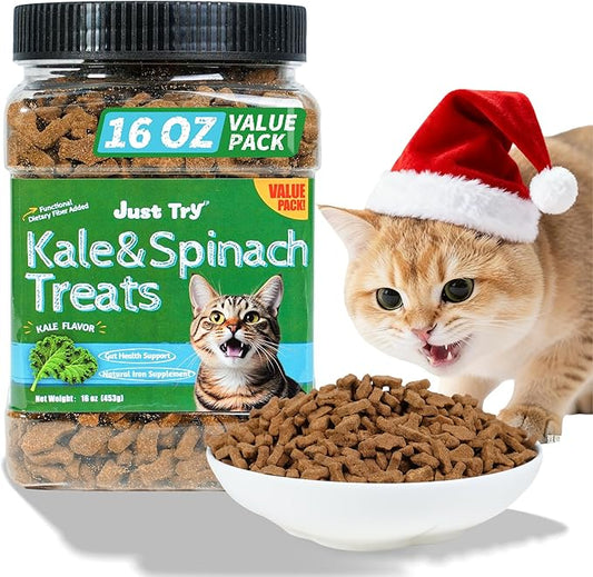 Just Try 16 OZ Kale & Spinach Cat Treats for Indoor Cats, Gluten Free, Low-Calorie Healthy Cat Snacks, Plant-Based Fiber-Rich Natural Chicken Flavor Training Treats