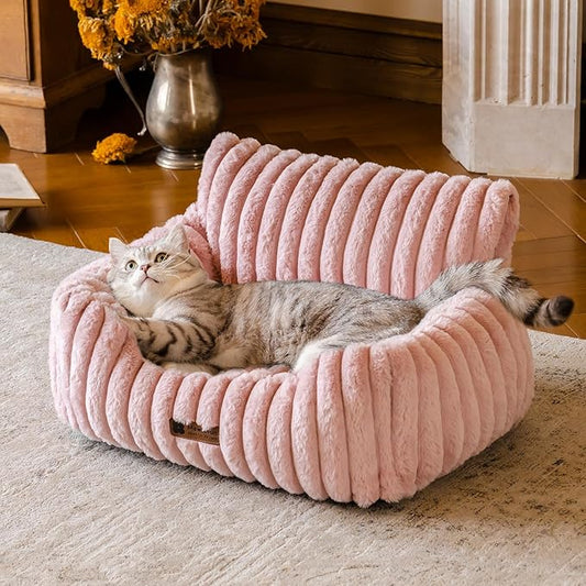 MEWOOFUN Cat Beds for Indoor Cats, Fluffy Cat Couch with Removable Washable Cover, Supportive Small Dog Beds for Puppy & Kitten up to 15 lbs (Pink, 24x19x12)